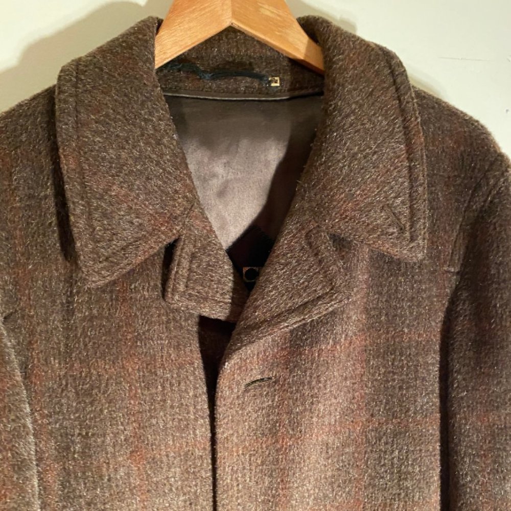 Vintage Olive Green Brown Mens Mohair Coat Leather Buttons Medium FREE SHIPPING